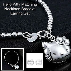 Hello Kitty Sterling Silver Handmade Matching Necklace Bracelet Earrings Set